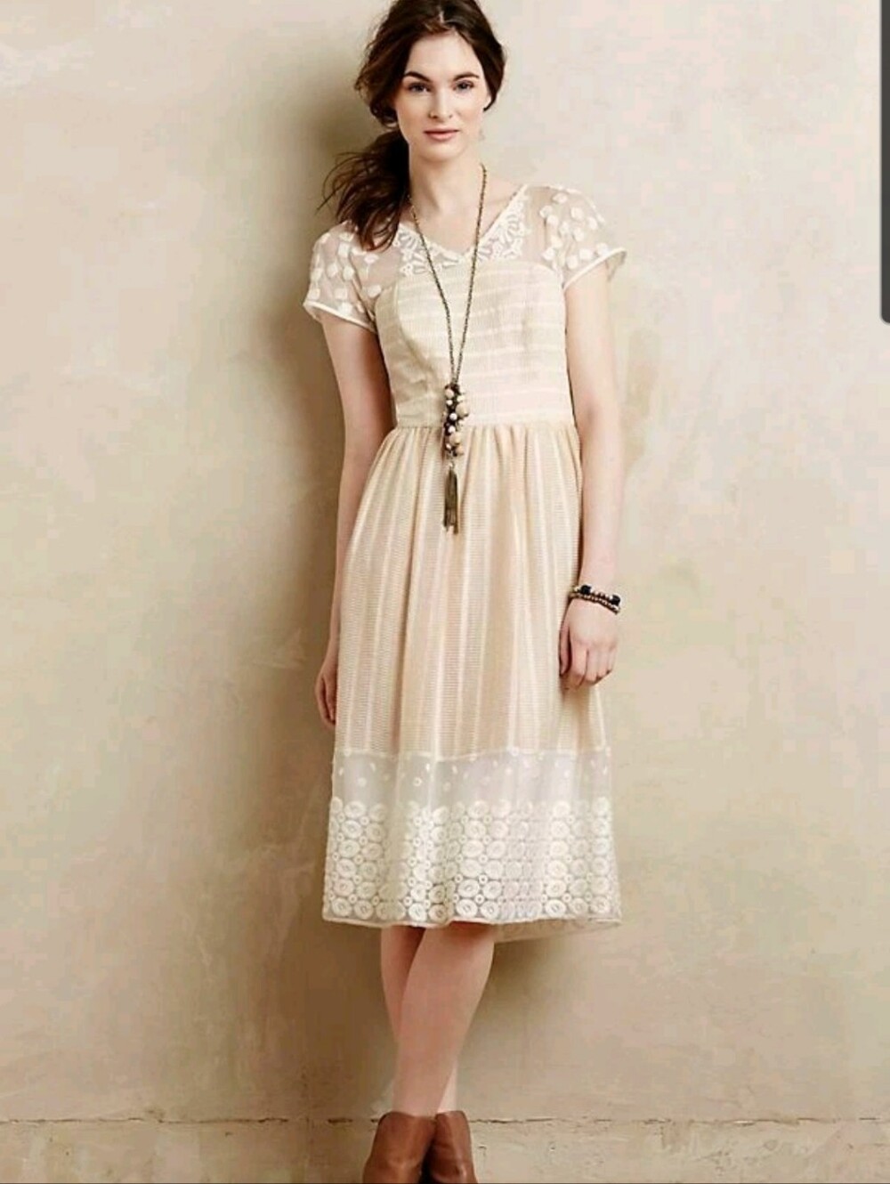 Moulinette Soeurs Cream Lace-Trim Midi Dress.